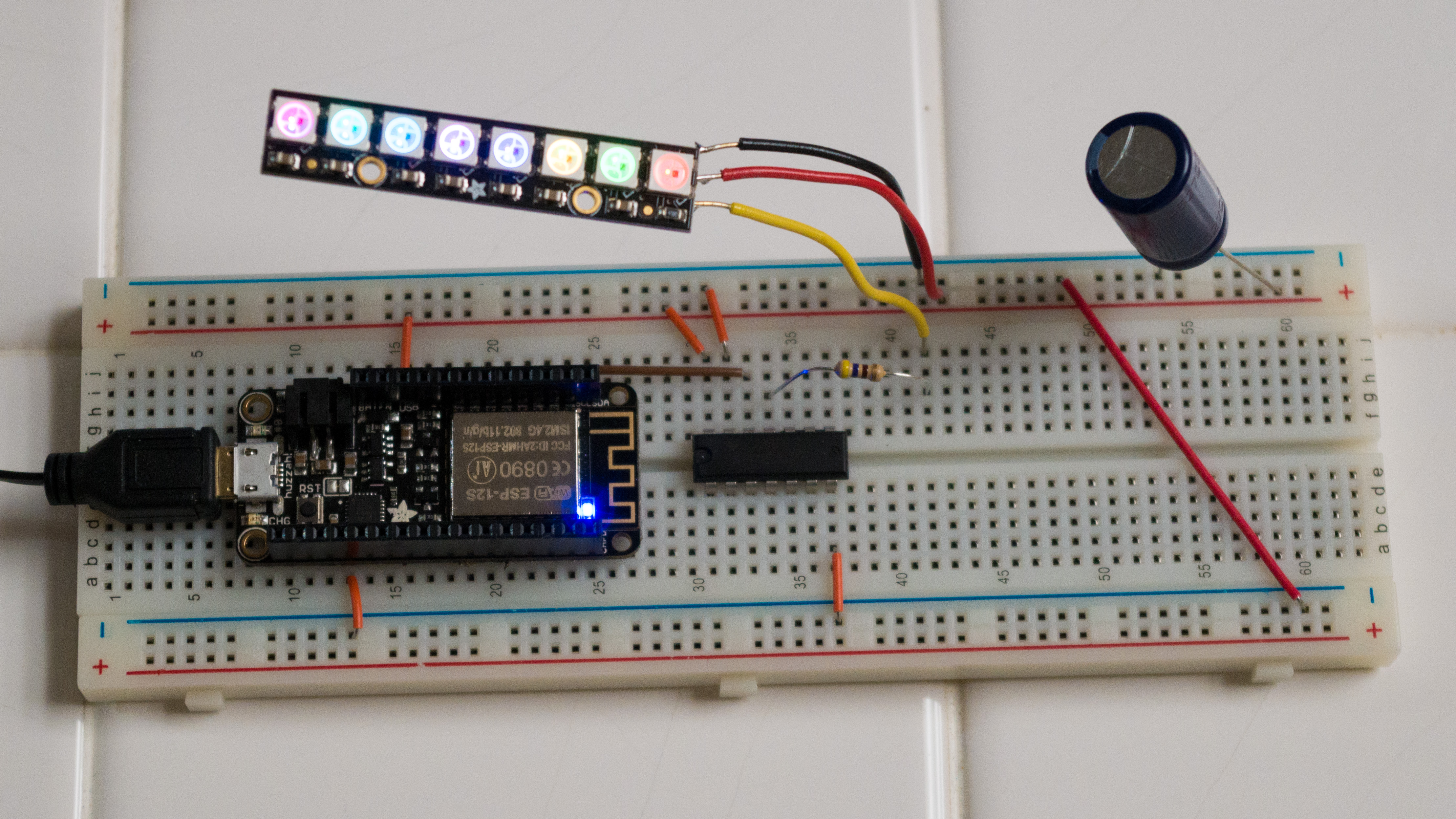 ESP8266 Feather hooked up to Neopixel stick