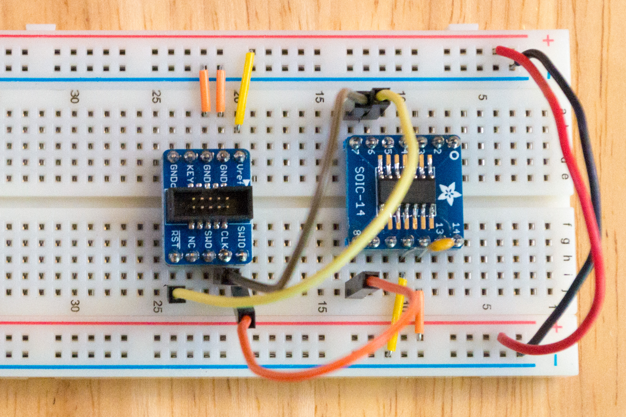 Microcontroller hooked up to debug header.